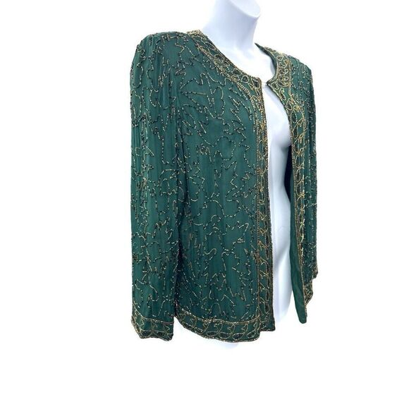 Vintage JMD New York Beaded Jacket Green Gold Black Open Front Top Size Large - Picture 4 of 12